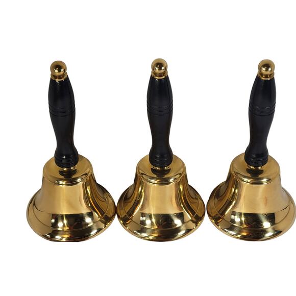3 Large Brass Bells, Wooden Handles Christmas School Teacher Farm Collectible - Picture 4 of 14